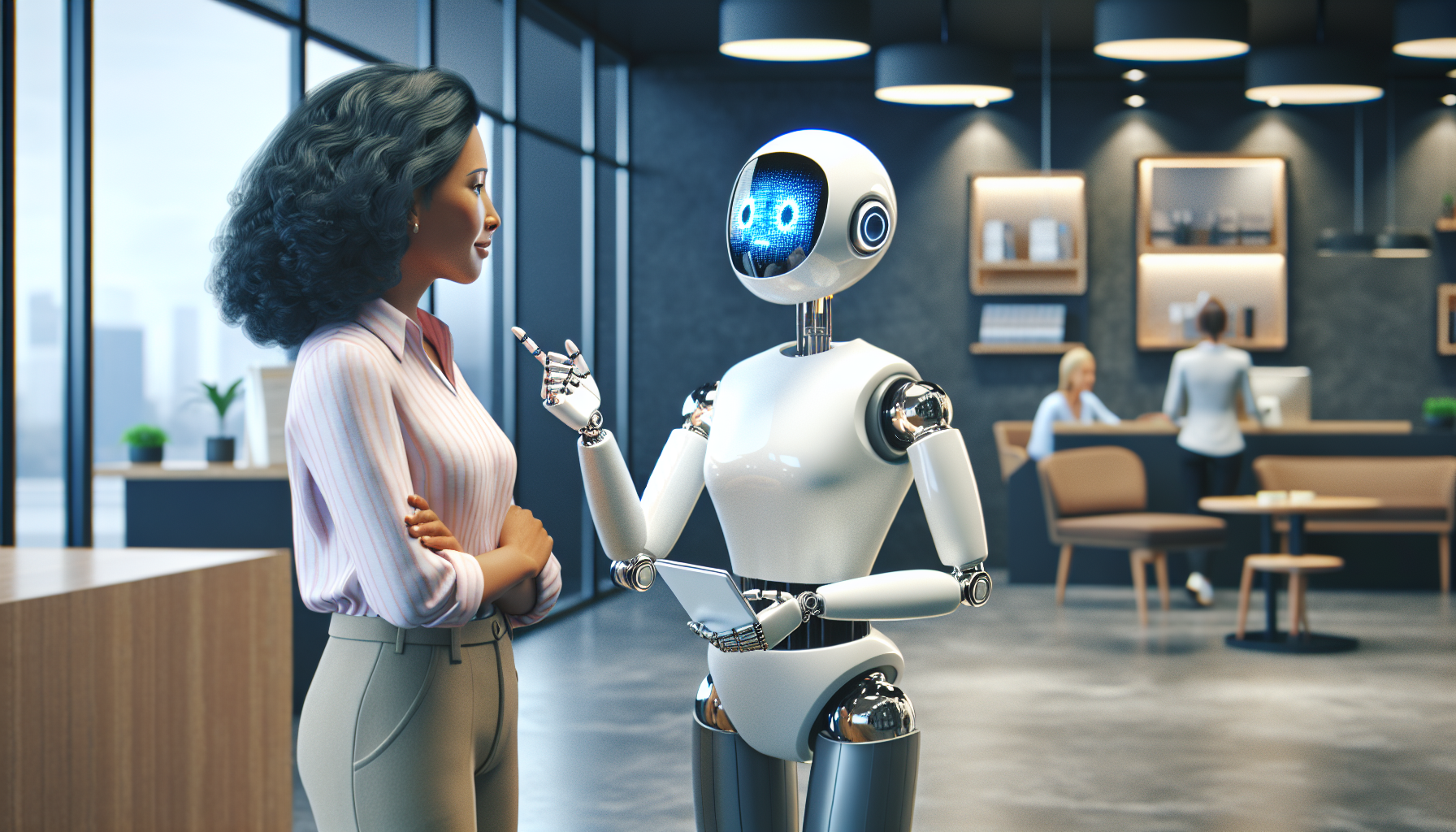 A visual depiction of an AI receptionist interacting with a customer through a robot or a computer interface