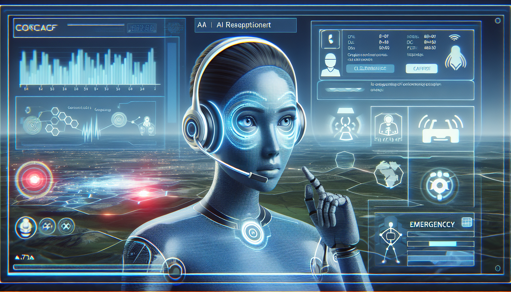 A graphic showing an AI receptionist handling an emergency call