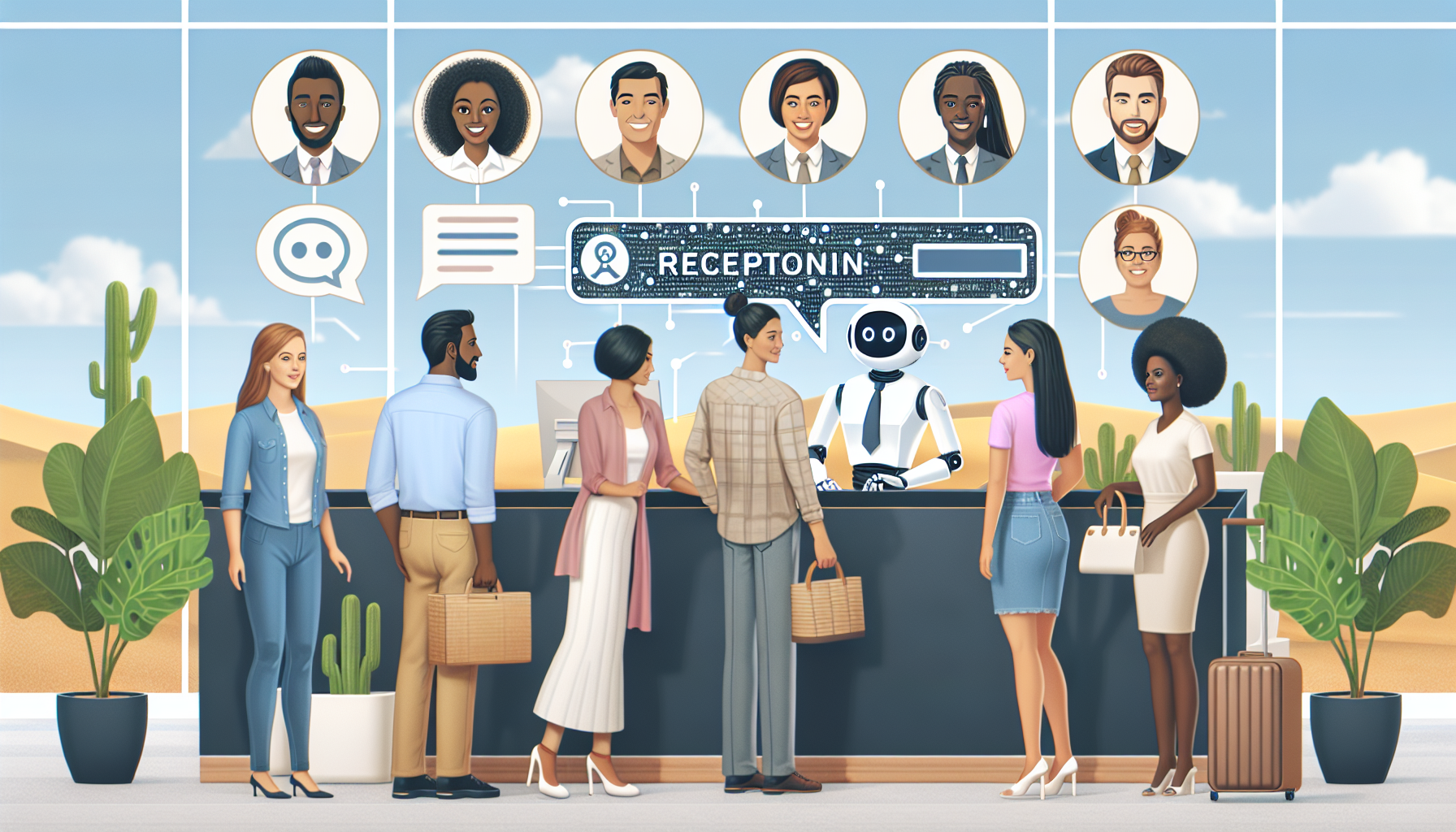 A digital image showing an AI Receptionist in action, possibly a chat box or a humanoid robot responding to customer queries