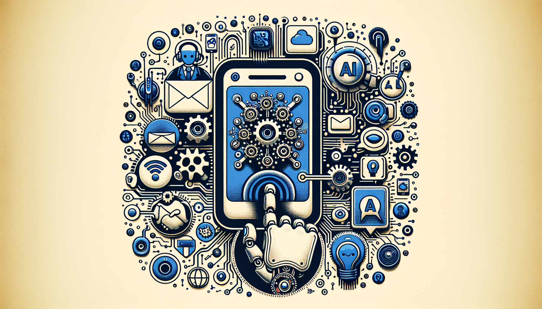 A graphic depiction of various phone-based services integrated with AI for improved business communication