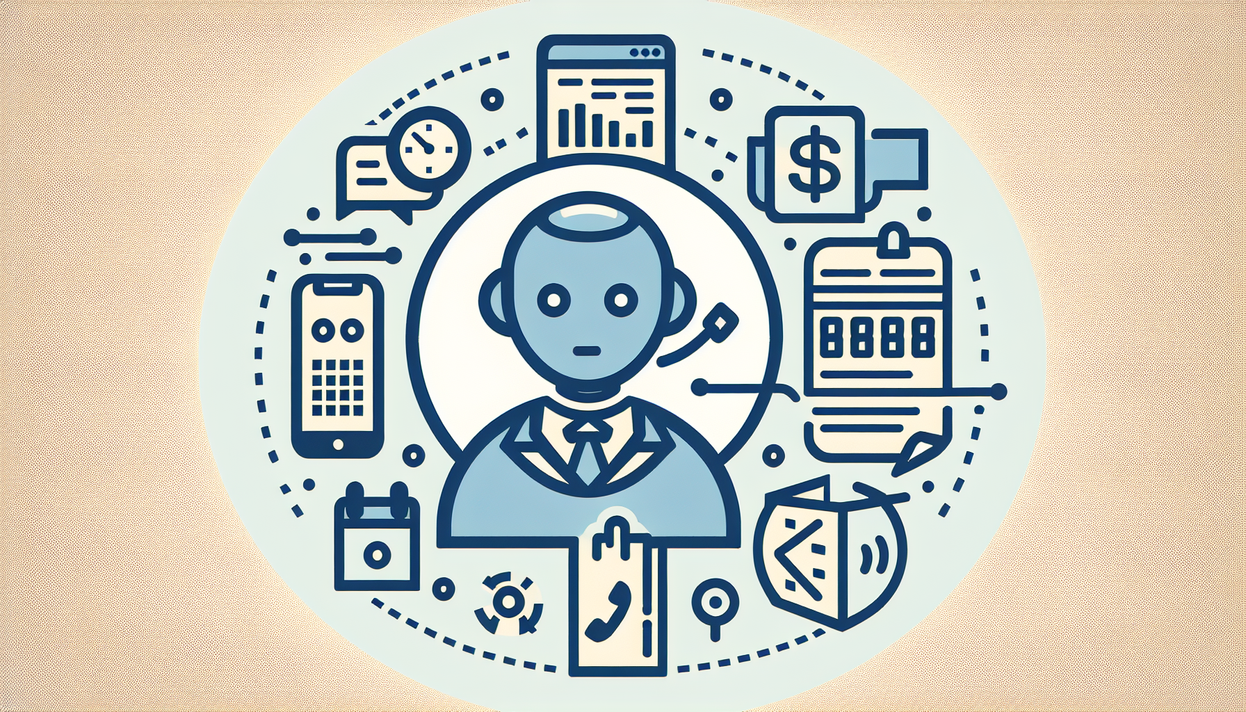 An AI receptionist represented by a chatbot icon, surrounded by symbols of tasks such as phones, calendars, and documents to represent call handling, scheduling, and data entry