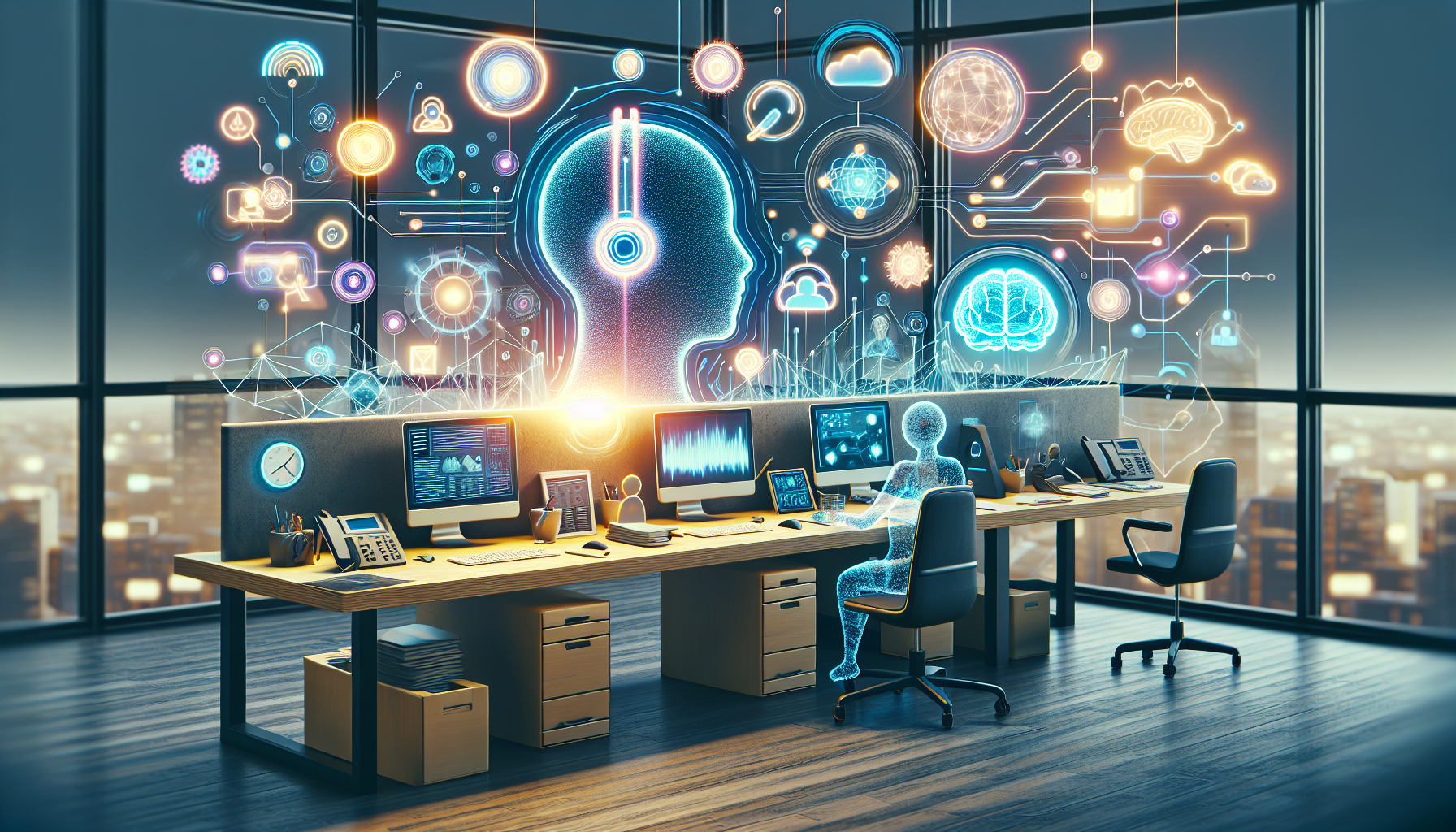A busy customer service desk that uses AI technology to handle calls