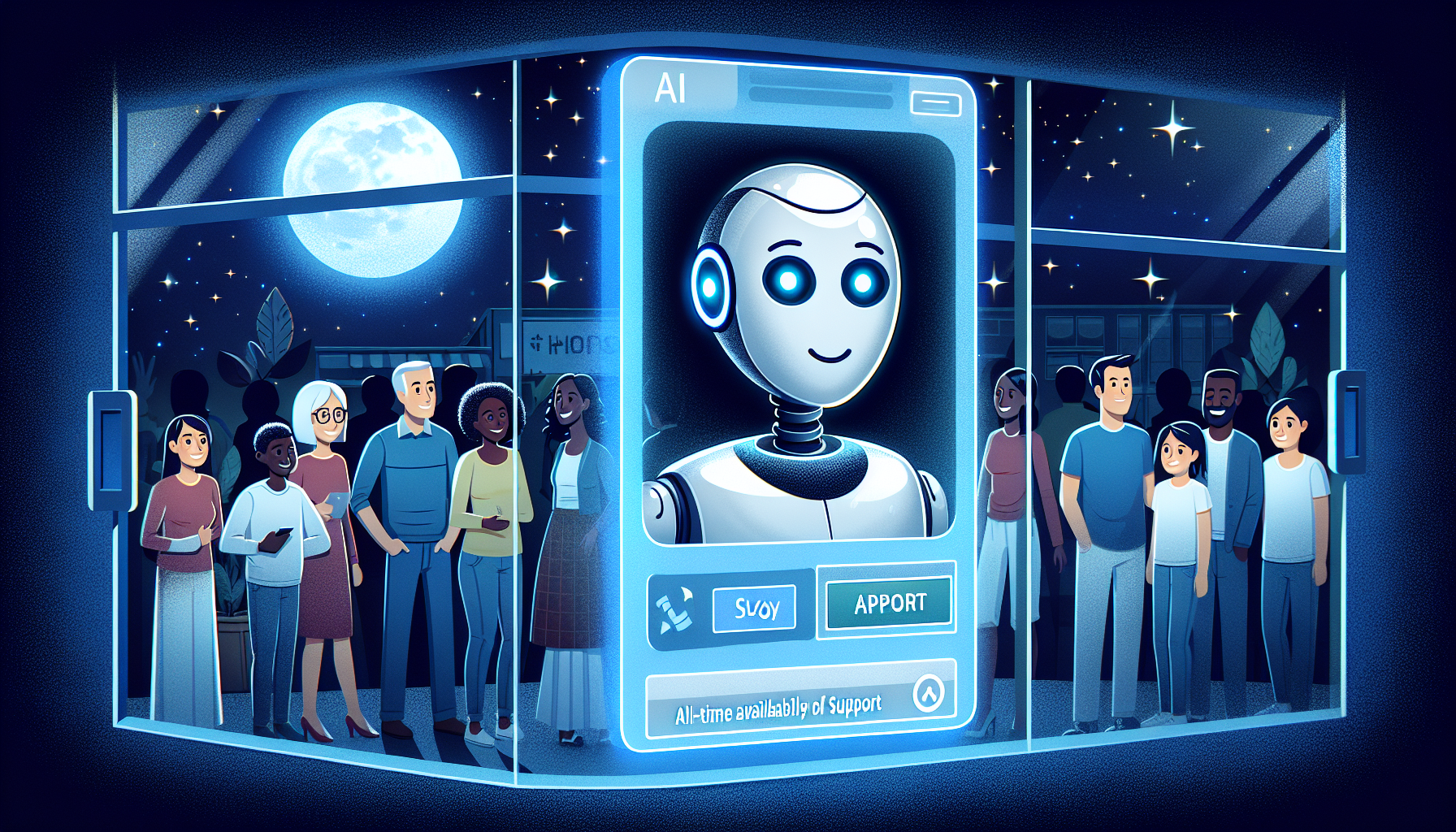 An AI assistant happily helping out customers after hours, signifying 24/7 assistance available