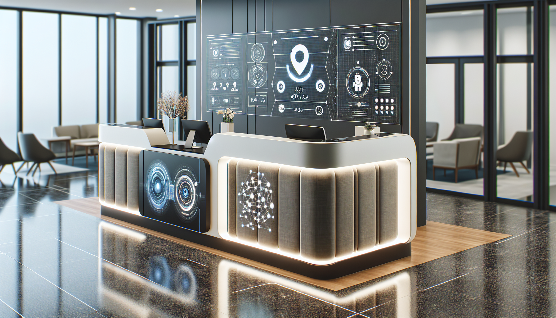A modern office with the receptionist area powered by an AI solution from My AI Front Desk.