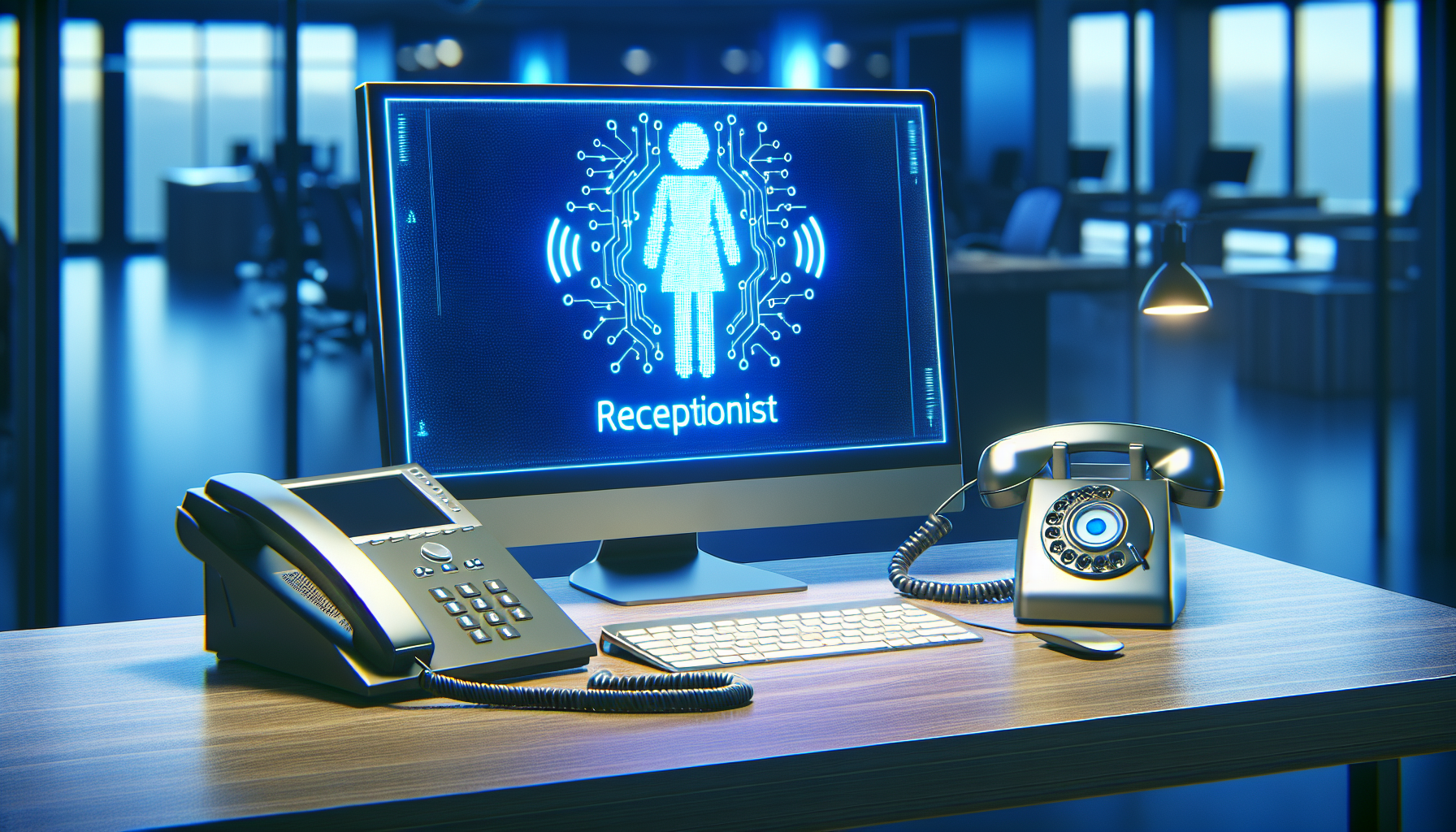 A graphic of a receptionist answering a phone call on a computer, symbolizing the AI Receptionist technology