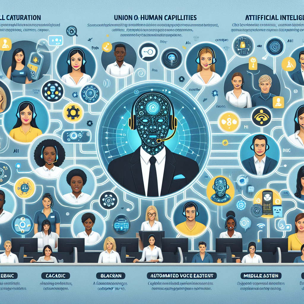 An infographic depicting the collaboration between humans and AI in a call center setup.