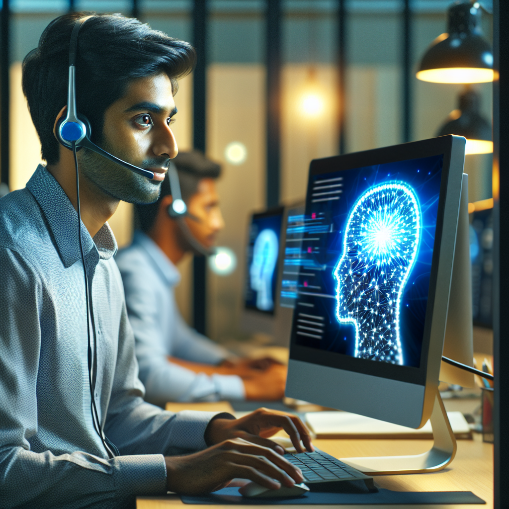A depiction of a call center agent assisting a customer, with an AI interface in the background illustrating AI-human collaboration