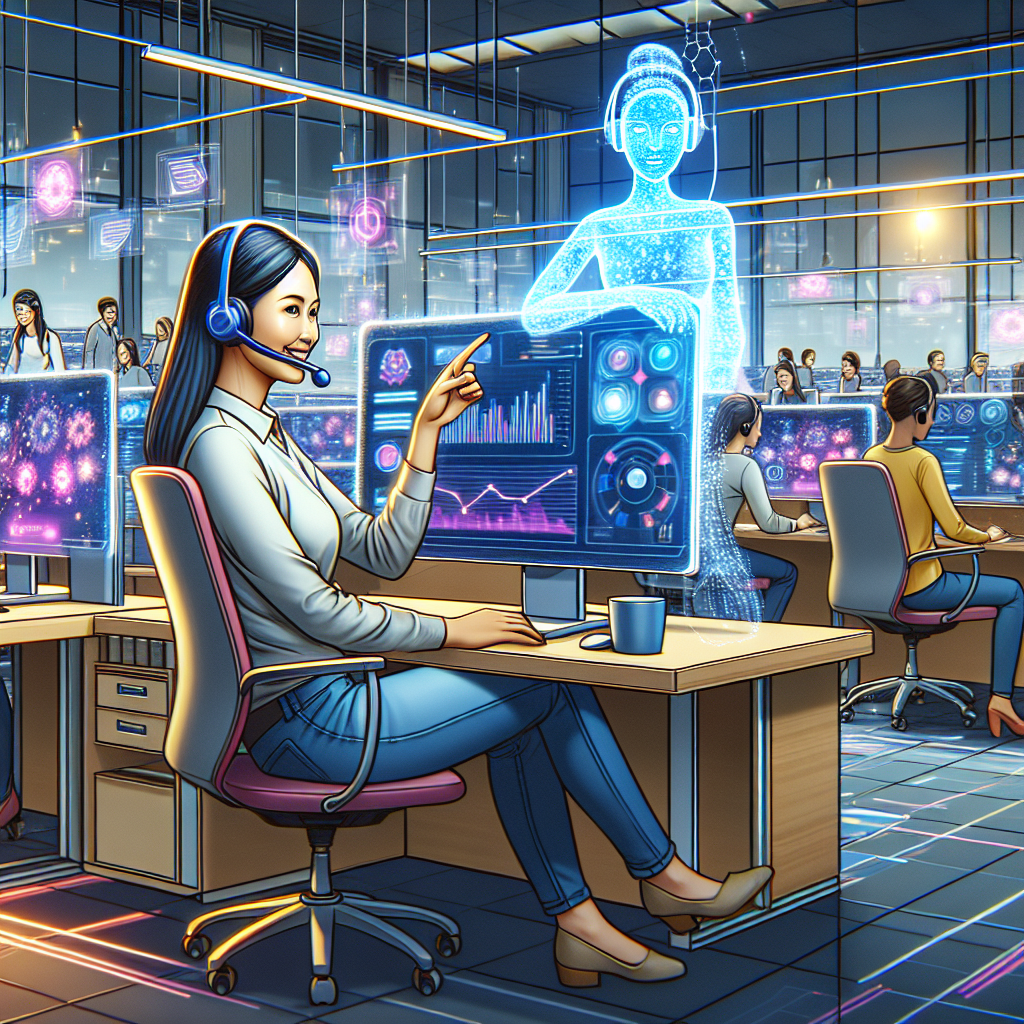 An illustration of a live agent working along with AI at a call center.
