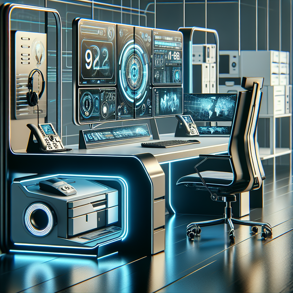 A modern workspace with digital call management technology in use.