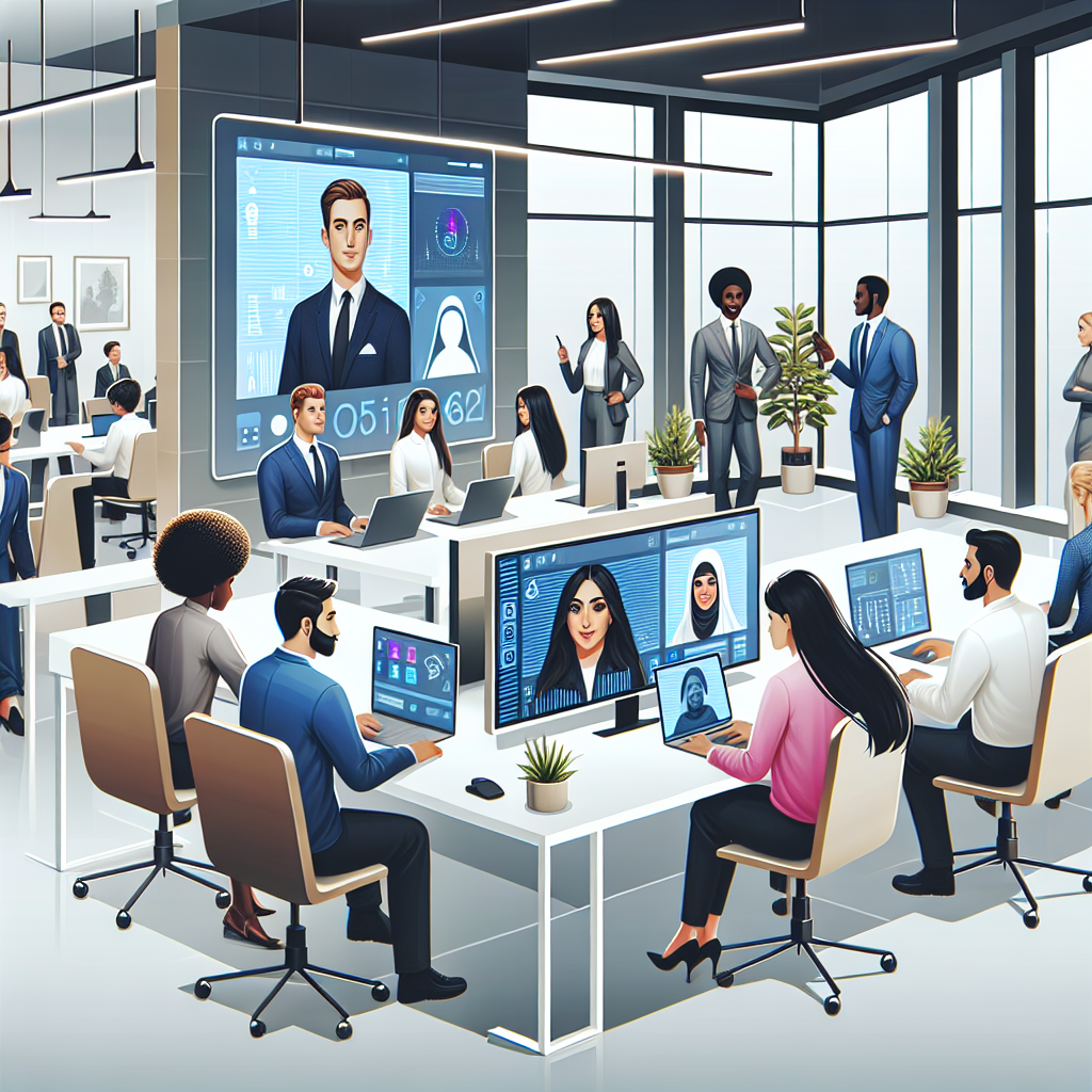 A modern office space with employees using AI-driven communication tools.
