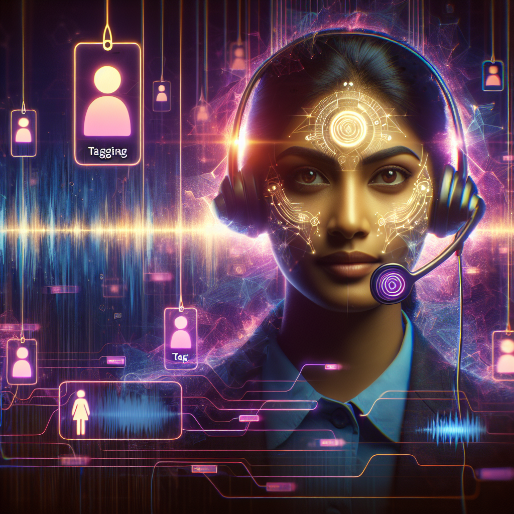 A graphic depicting a customer service representative with an AI-powered headset, showcasing the concept of AI-driven call tagging.