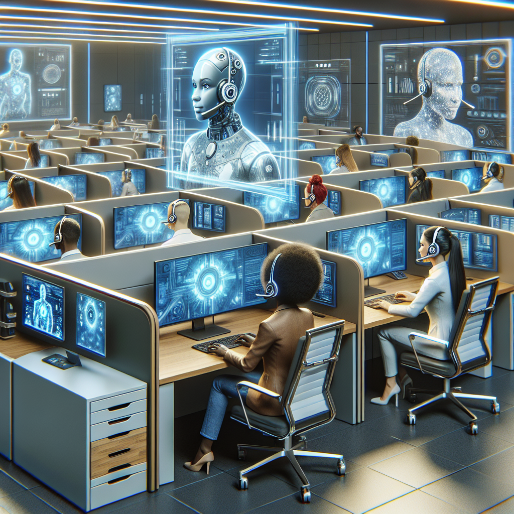 A modern customer service call center featuring AI technology in use.