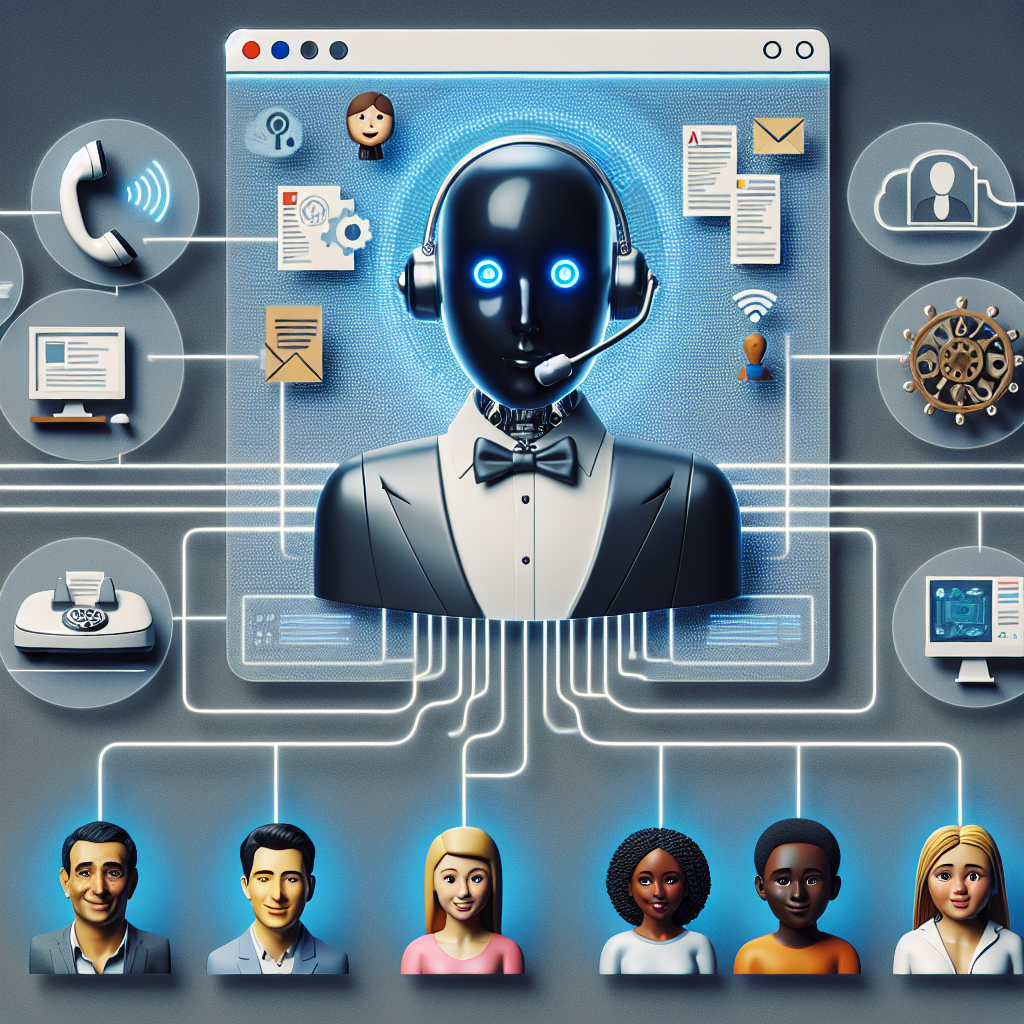 An illustration of an AI virtual receptionist assisting multiple customers through various communication channels.
