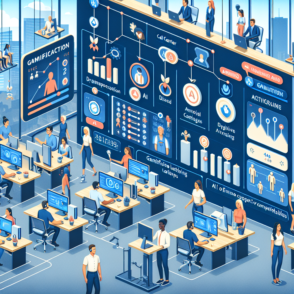 A graphic showing a call center with AI-driven gamification activities in progress