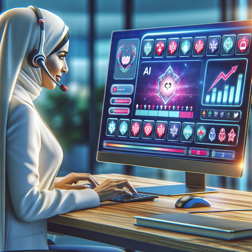 A illustration showing a call center agent interacting with an AI-empowered gamified system on their computer