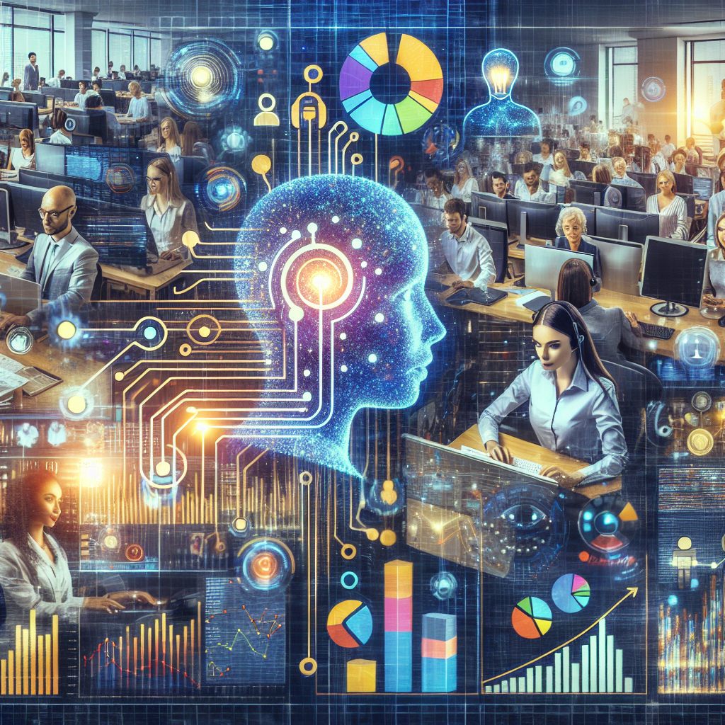 A collage showing a call center, an AI symbol, and graphs representing metrics analysis