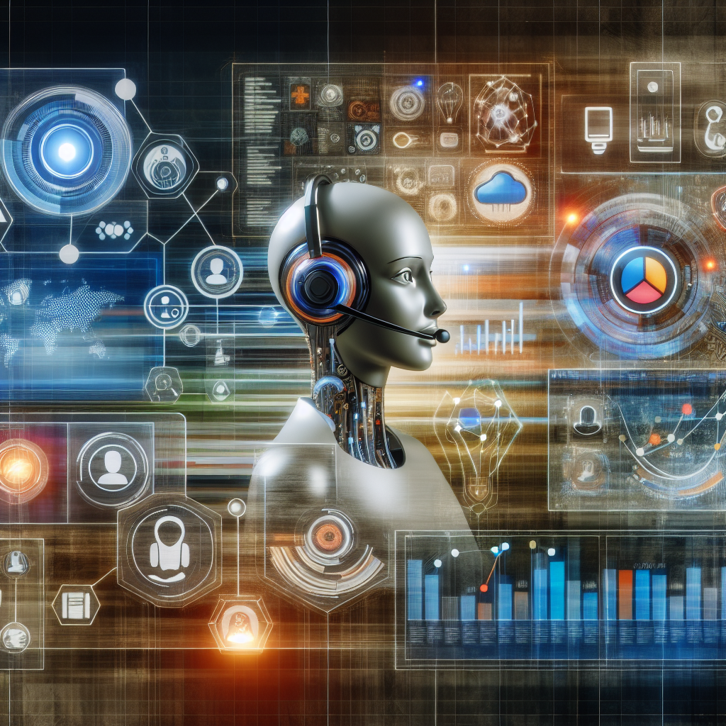 A collage showing different AI technologies used in a call center, such as virtual assistant, analytics display, etc.