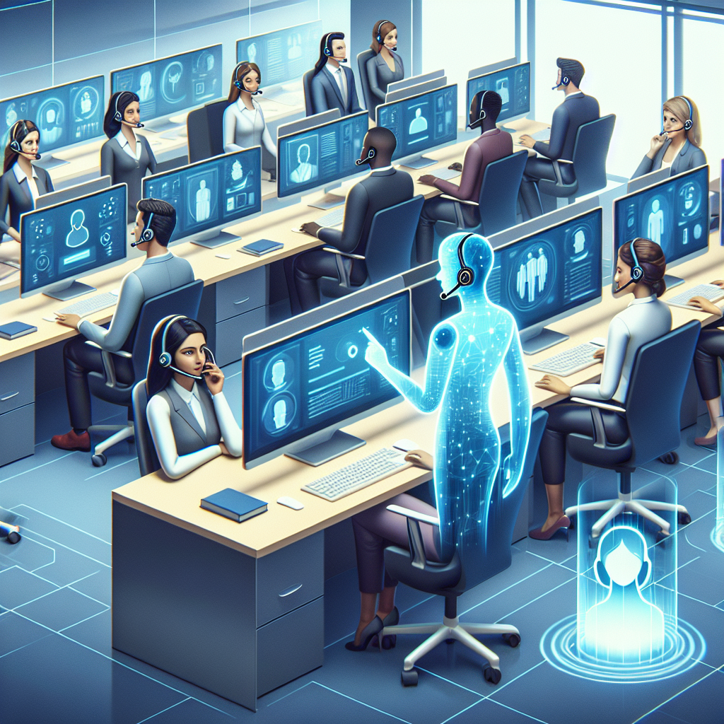 A graphic portraying call center agents being assisted by AI tools