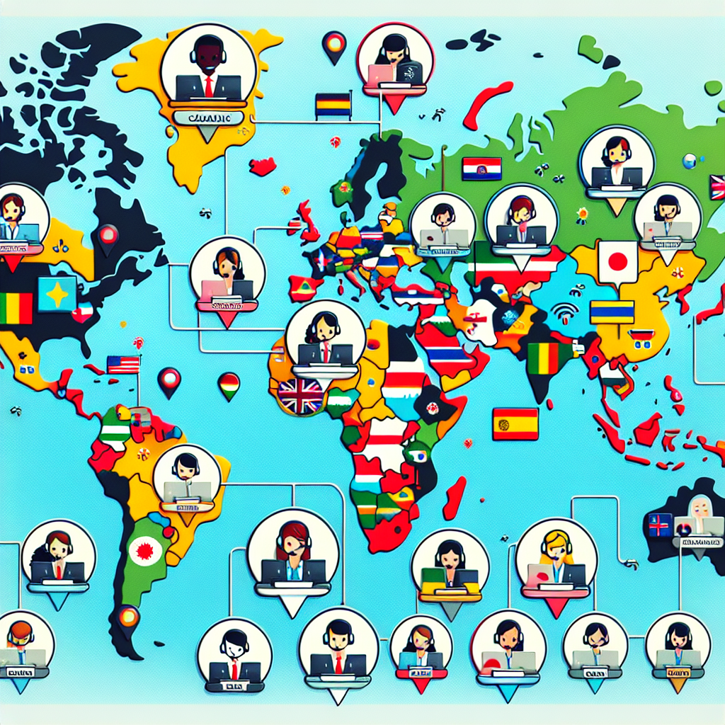 An image depicting a world map with call center locations marked on different continents