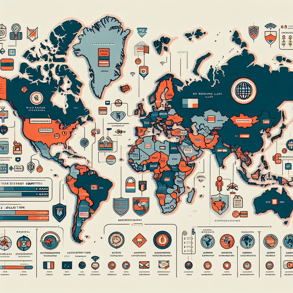 An illustration of a global map showing different data laws in various countries