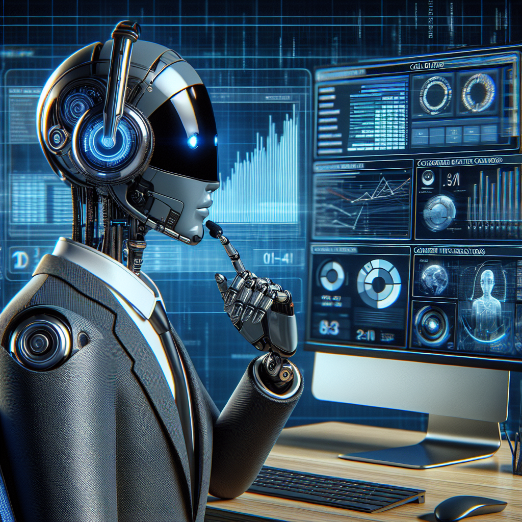 A visual representation of a computer-generated AI assistant engaging in a simulated call center training exercise