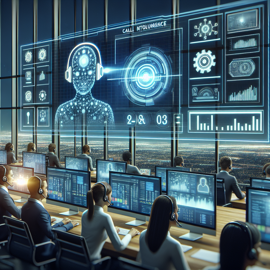 An image illustrating AI in call center operations, perhaps showing AI software managing call volumes or directing calls to human operators.
