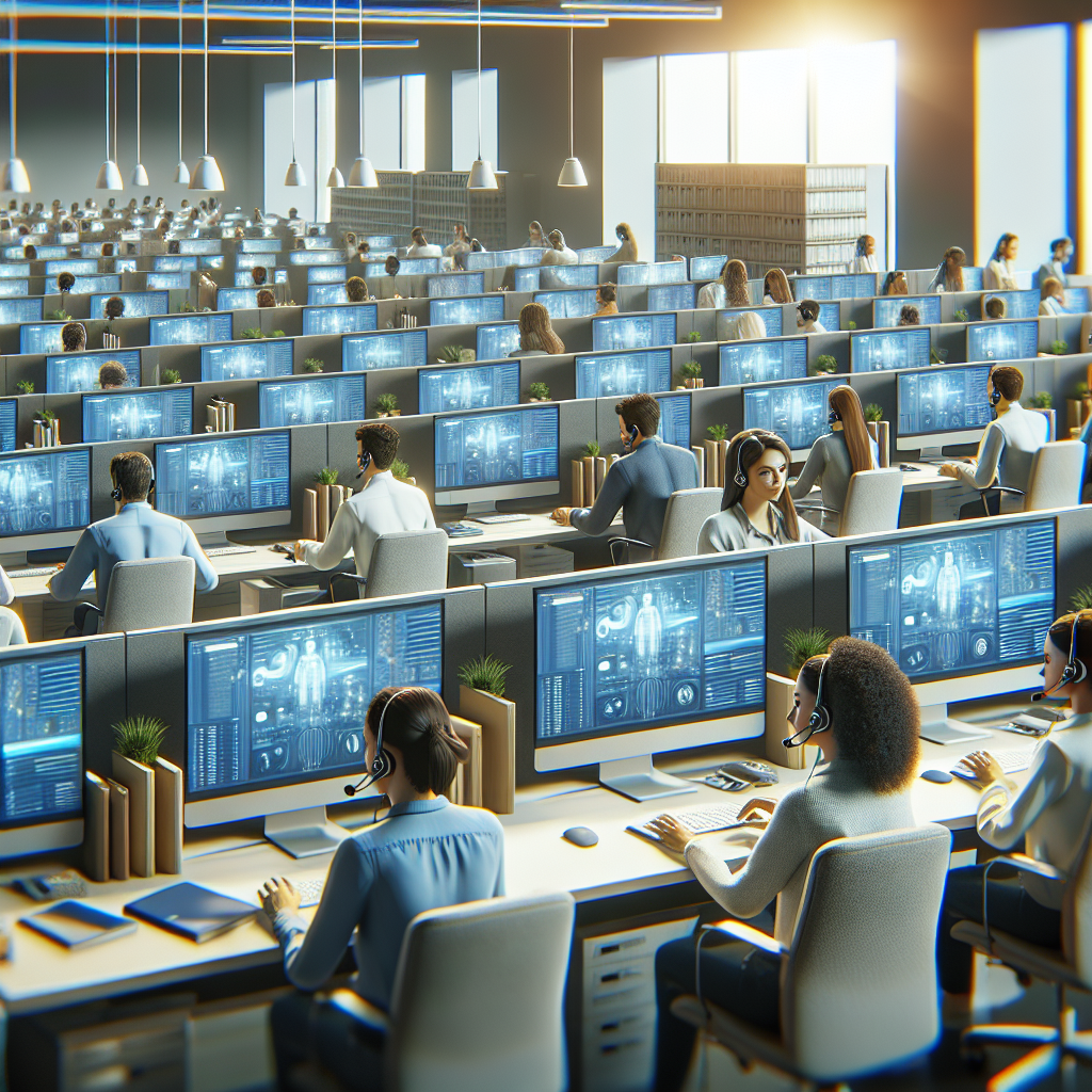 An image of a call center with computer screens displaying AI analytics