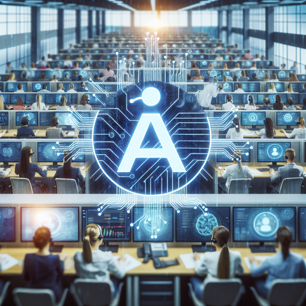 An image showing an AI symbol overlying a call center scene, depicting the integration of AI in call centers.