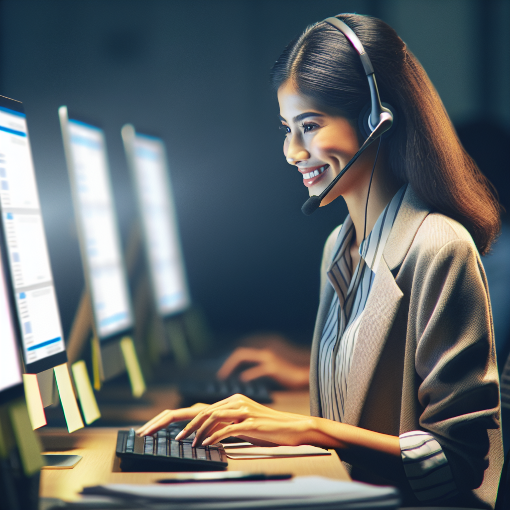 An image showing a call center worker smiling while engaging with a customer
