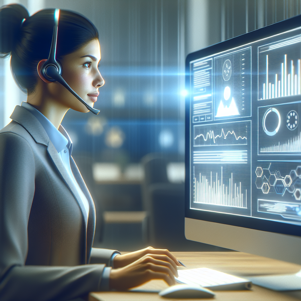 An image showcasing a customer representative with a headset on, in front of a computer screen with AI-powered analytics on display