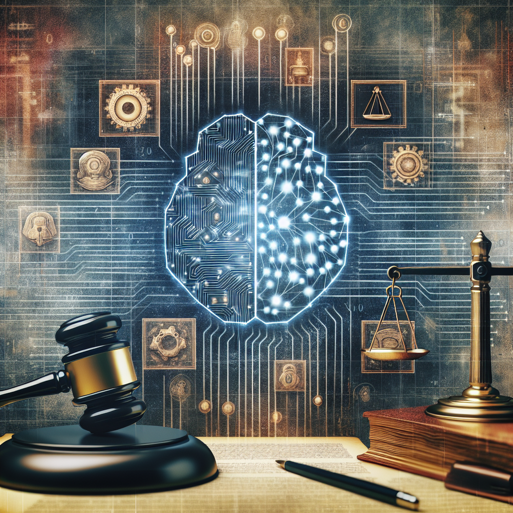 An image of an AI symbol with legal and compliance symbols in the background