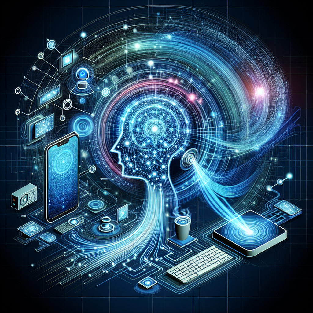 An illustration showing an AI system linked with a phone and computer symbolizing system integration