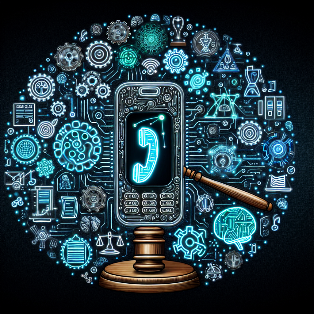 An illustration of a telephone with AI and regulatory compliance elements around it, such as gears and legal symbols, to symbolize how AI is being used for compliance monitoring in phone calls