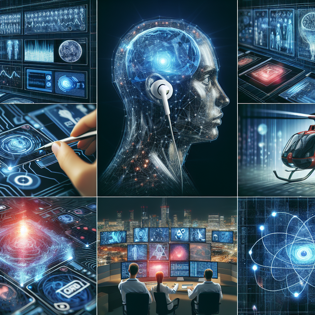 A collage showing Artificial Intelligence in action in emergency management. For example, AI analyzing data, an AI-powered emergency call center, etc.