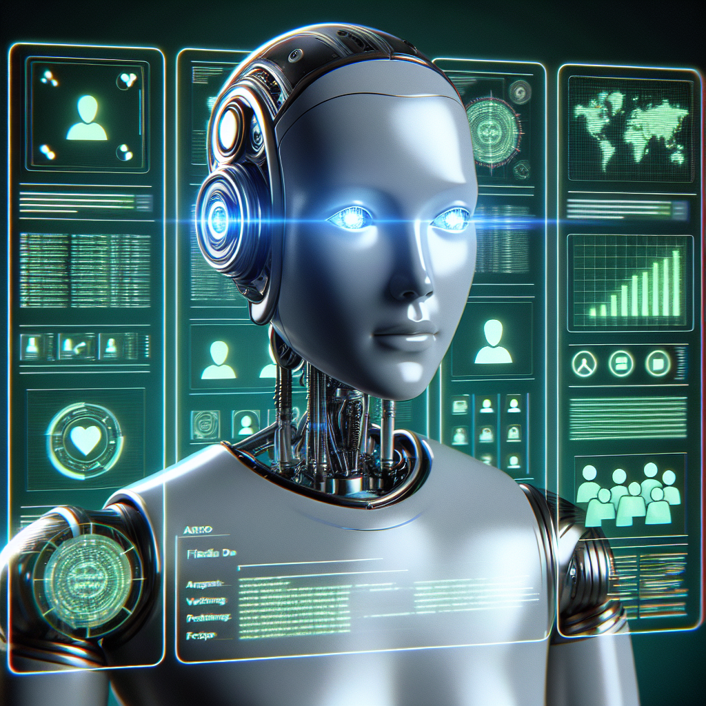 An AI robot analyzing customer data profiles on a digital screen