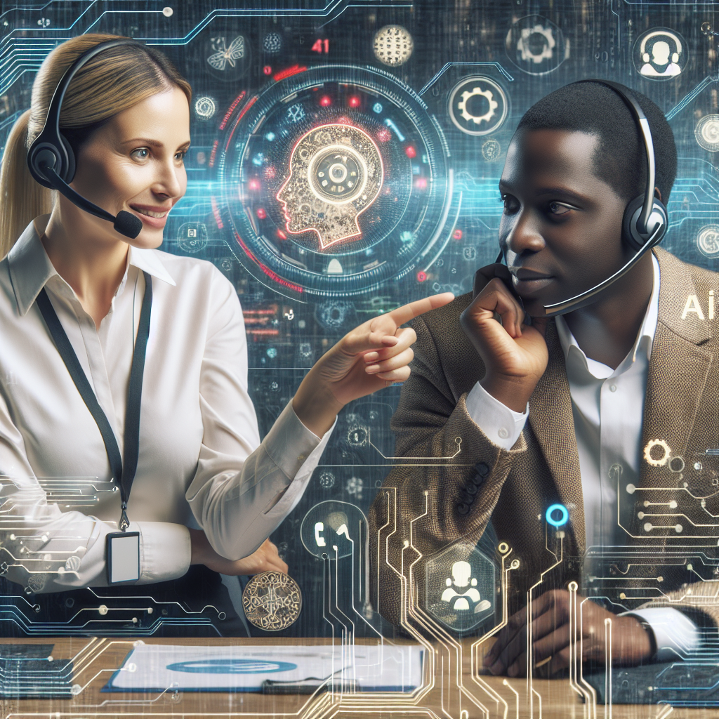 An image of a technician assisting a customer over the phone, with AI-related imagery, like coding or processing icons, overlaid to suggest AI assistance.