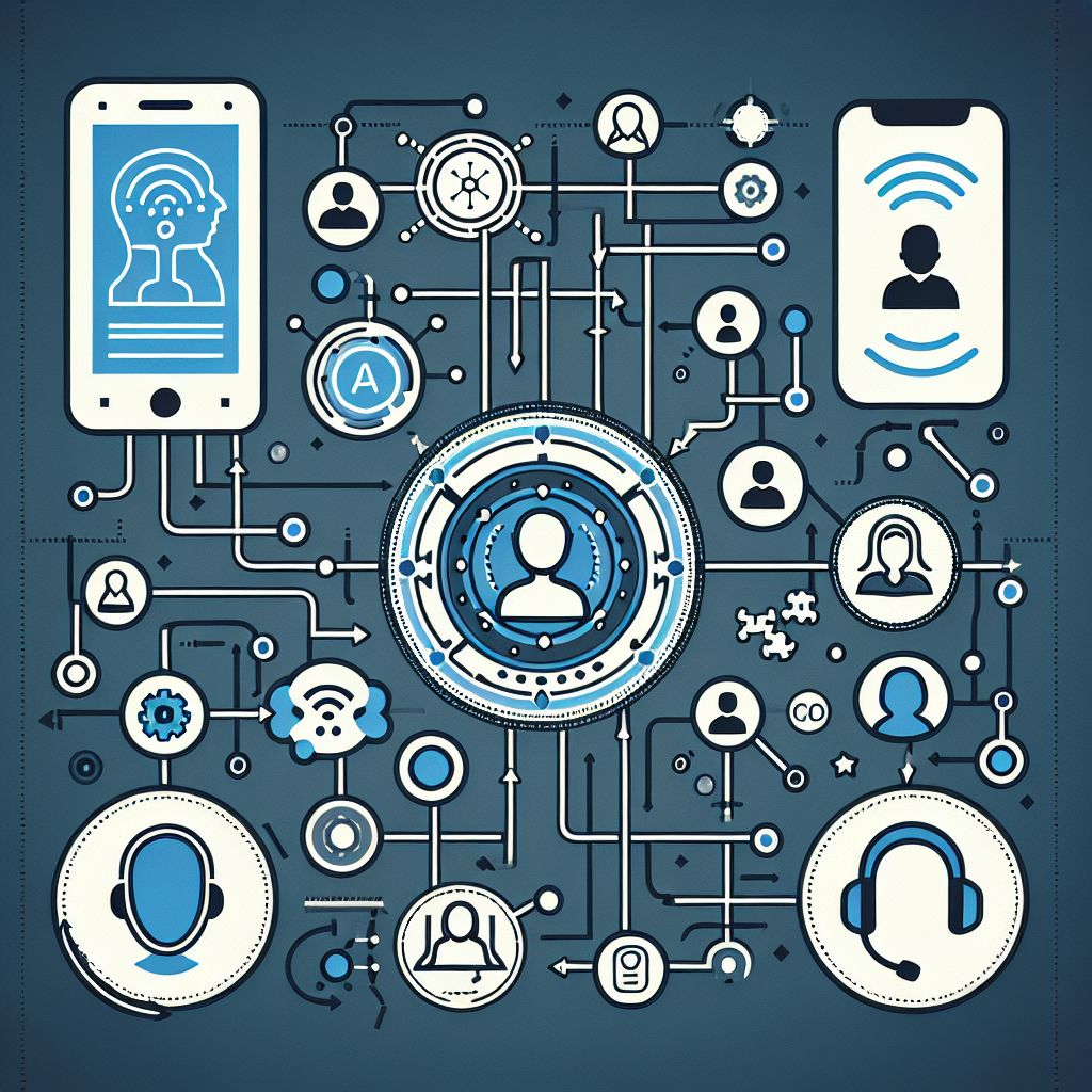 A schematic diagram showcasing a phone communication setup where an AI-powered phone system is connected with CRM and support platforms