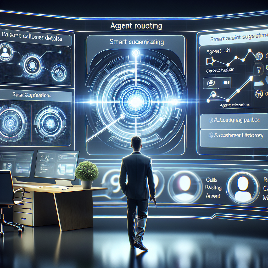 An image showing an AI system in action, possibly displaying caller details and suggestions for agent routing