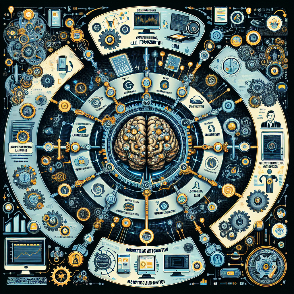 An infographic showing the interconnection between AI call forwarding, CRM systems, marketing automation, and customer service platforms