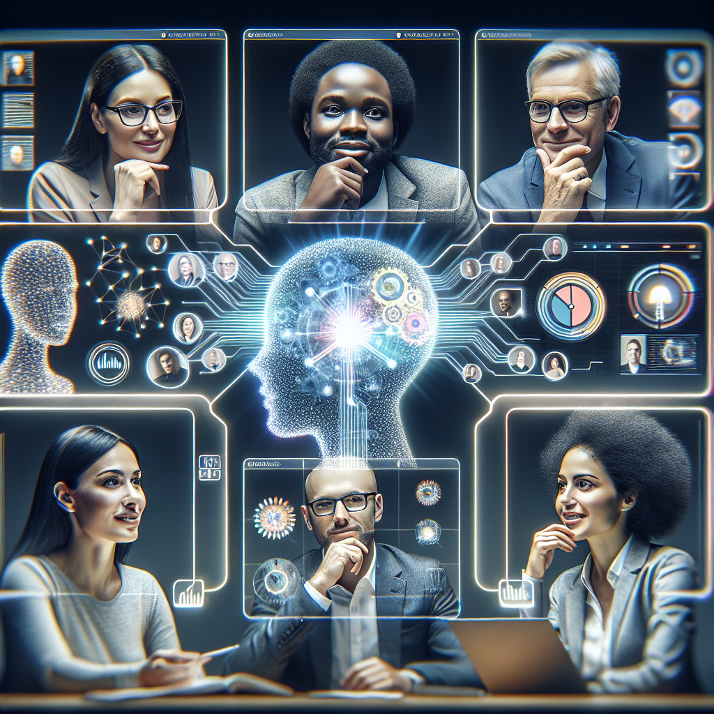 An image illustrating a group of people participating in a conference call managed by an AI interface
