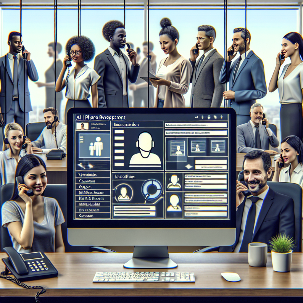 An image depicting a busy office environment with employees on phones and a visible AI phone receptionist interface on a computer screen.