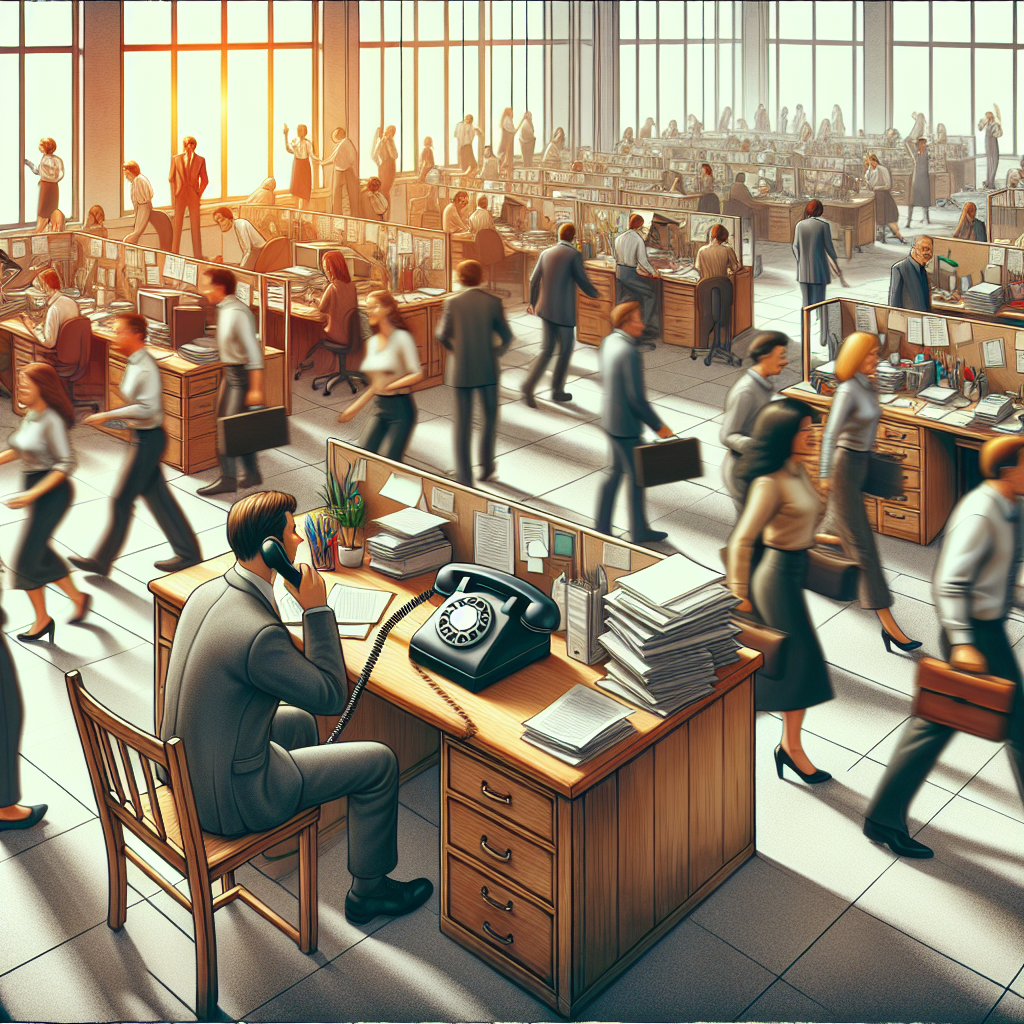 An image showing a busy office, with staff members multi-tasking and a phone ringing on a desk