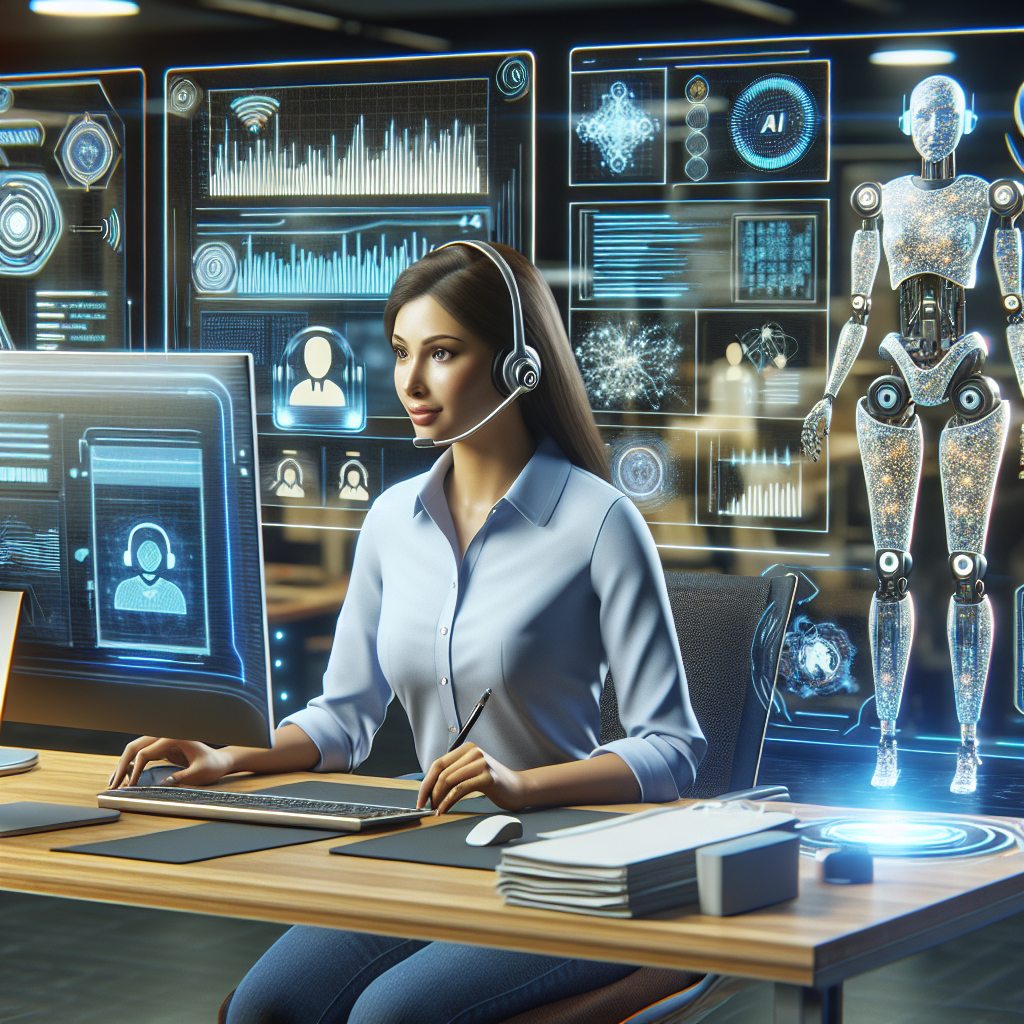 An image depicting a call center agent with various AI-powered tools assisting in the customer call.