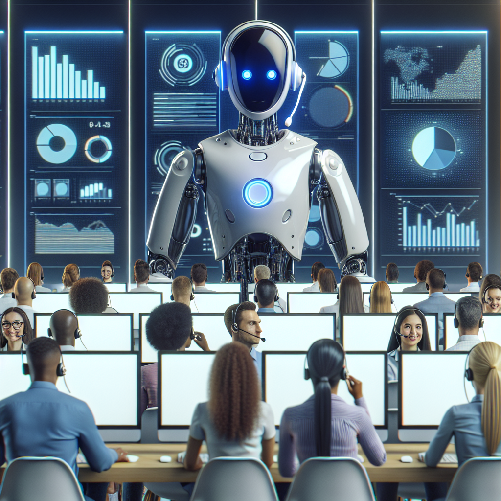 An image showing an AI robot teaching a group of call center agents