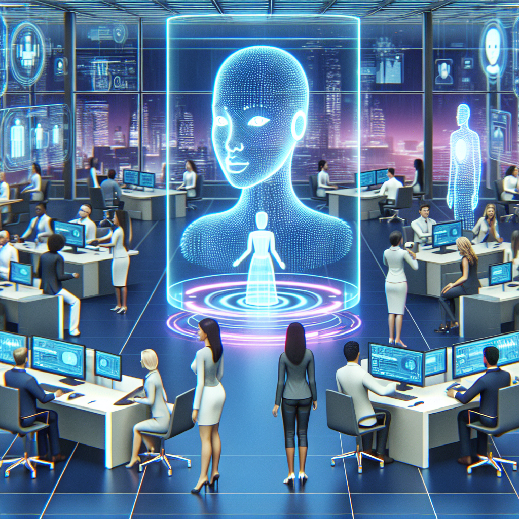 An illustration depicting a futuristic office scene with an AI virtual receptionist assisting employees.