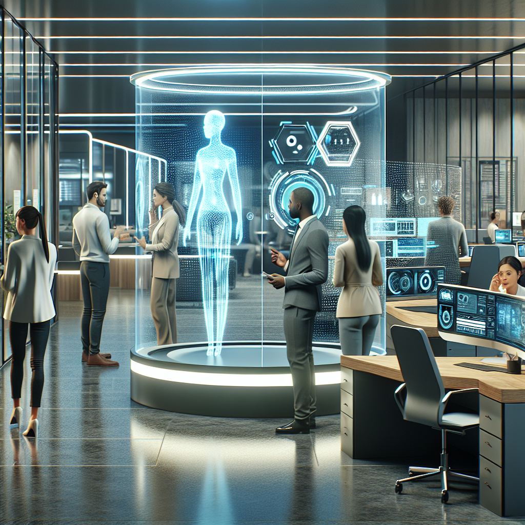 An image depicting a modern office with a digital receptionist and staff engaging in communication.
