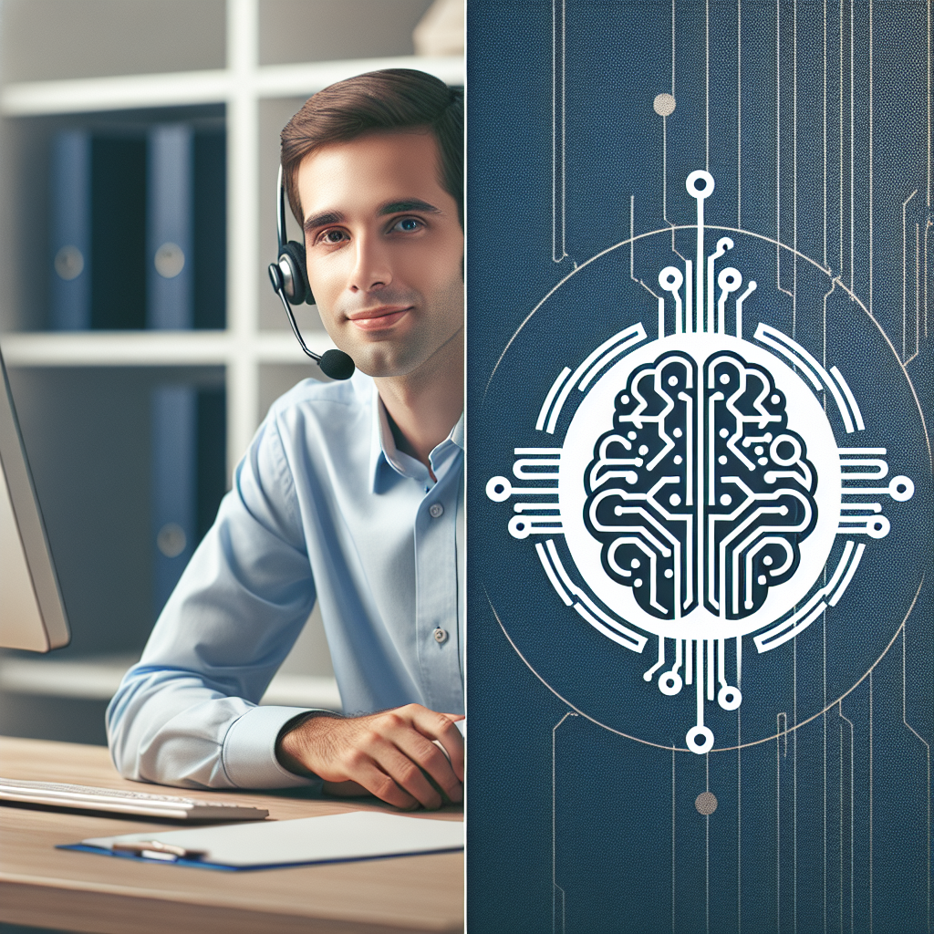 A collage displaying a customer service representative wearing a headset on one side and innovative AI tech symbol on the other side