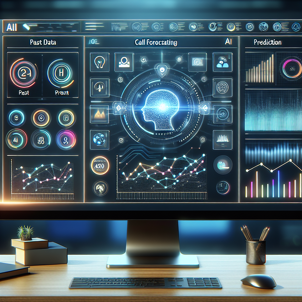 An image showing an AI-powered call forecasting system dashboard with trending graphs, volumes, and prediction charts
