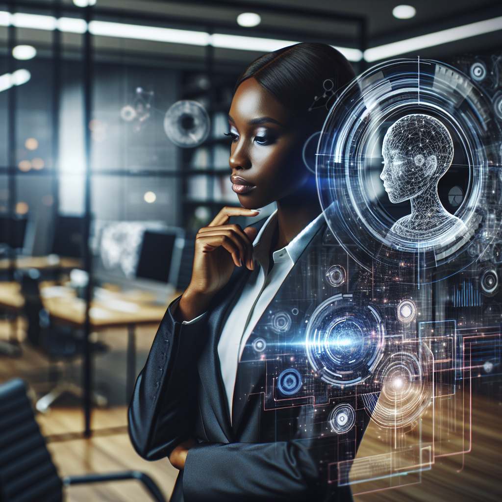 A businessperson contemplating with a digital interface of AI-based call system in the background