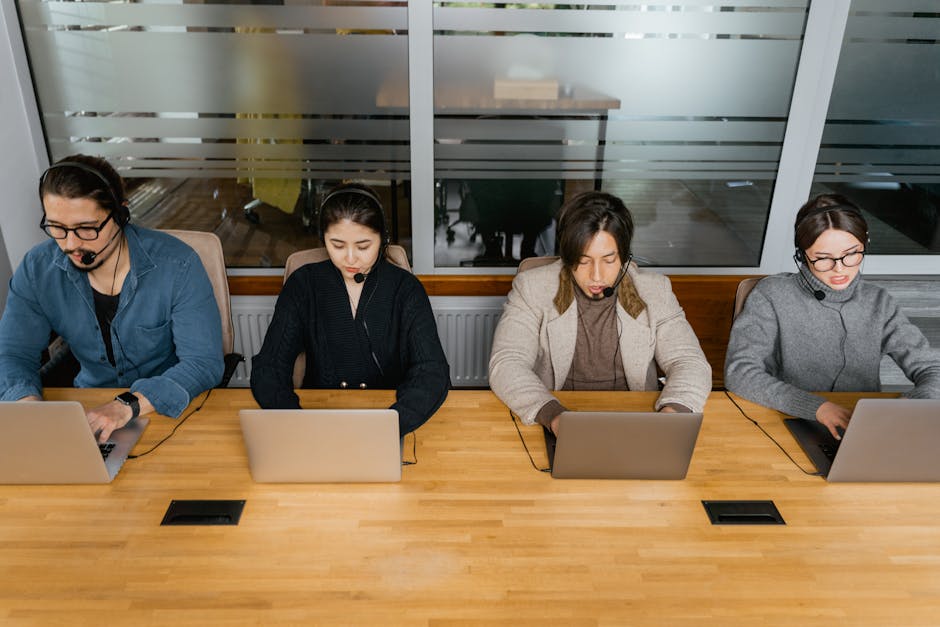 A vibrant illustration showing a diverse group of employees interacting with AI-driven customer service tools in a modern office setting.